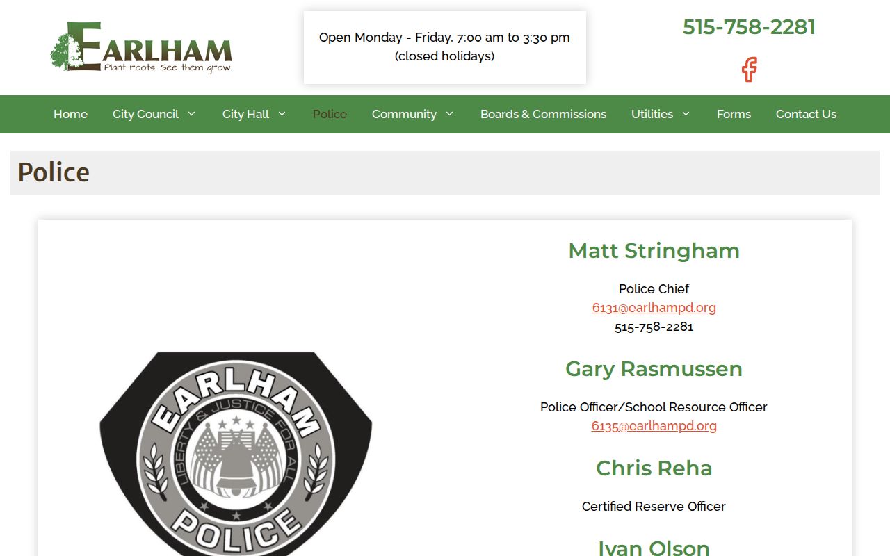 Earlham Police Department criminal and incident records channel