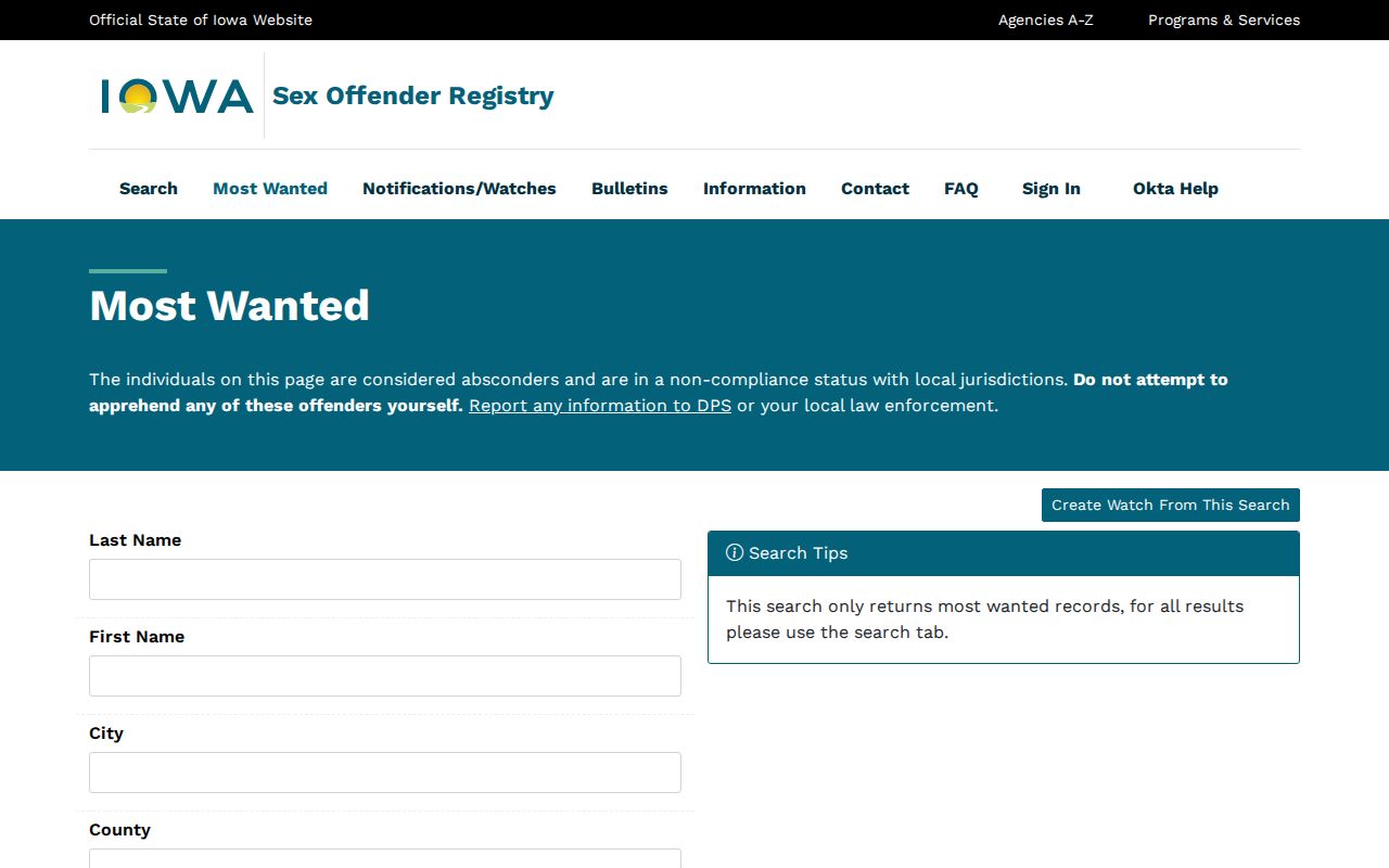 Iowa registry Most Wanted noncompliance reporting interface without individual details