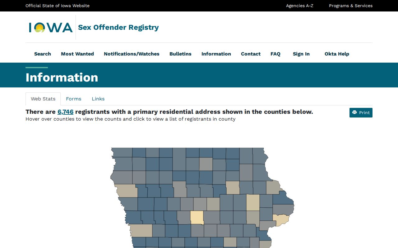 Iowa Sex Offender Registry statistics interface with county-level views