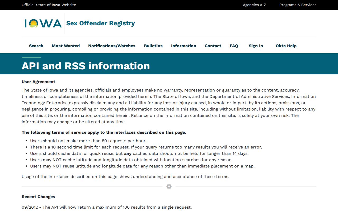Official Iowa registry API guide listing public sex offender search fields