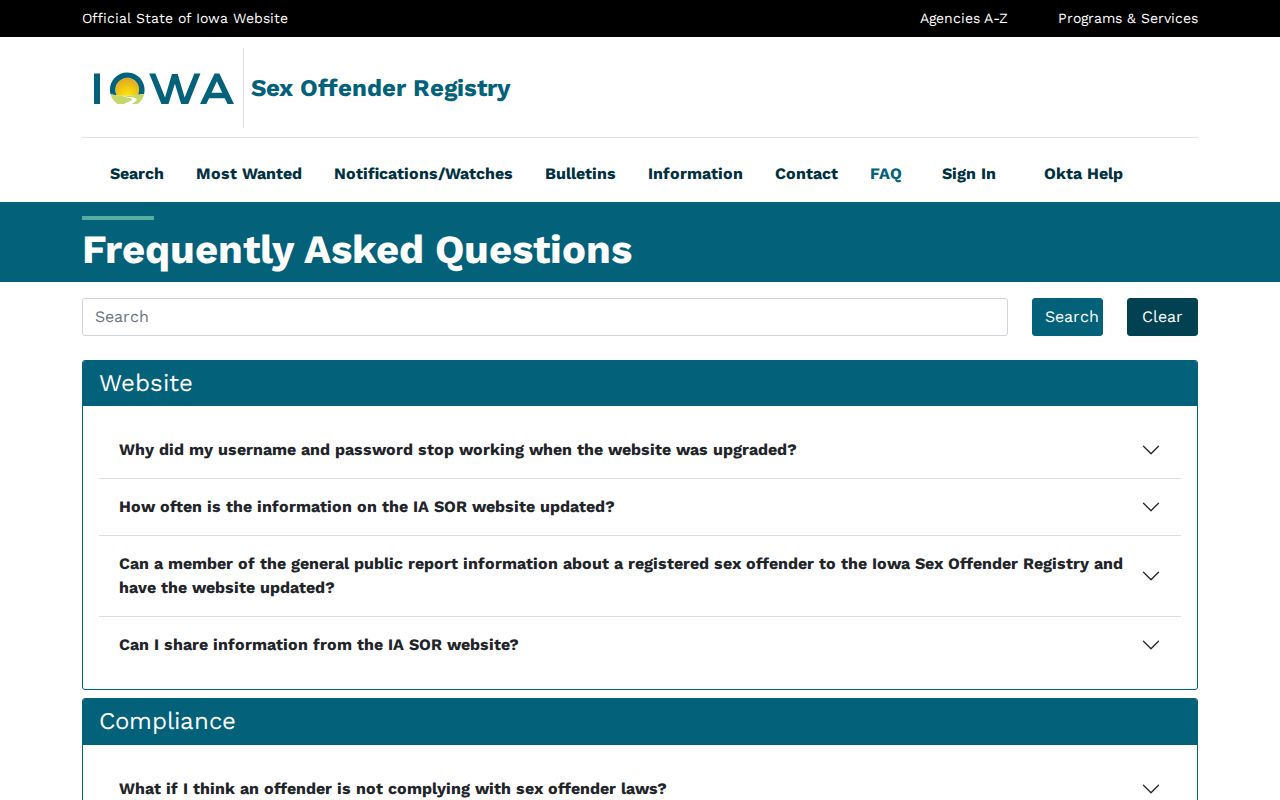 Iowa Sex Offender Registry search FAQ covering watches and county reporting